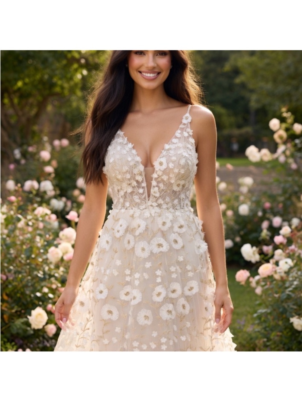 Altar'd State Ivory Floral Appliqué V-Neck A-Line Dress